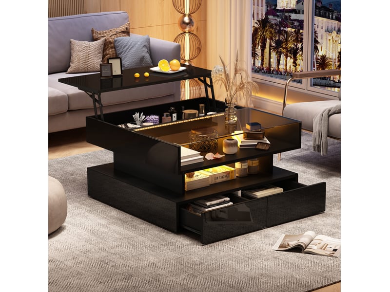  Table basse relevable 80 x 80 cm avec led, verre trempé et 2 tiroirs noire  - Conforama B