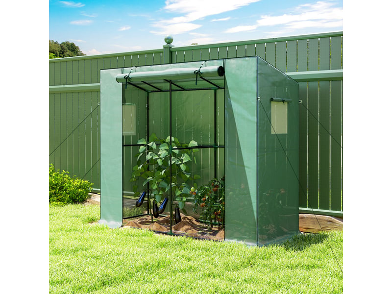  Mini-serre adossée avec porte enroulable et fenêtres en filet, résistante aux uv, pour fleurs, semis, plantes, verdure  - Conforama D