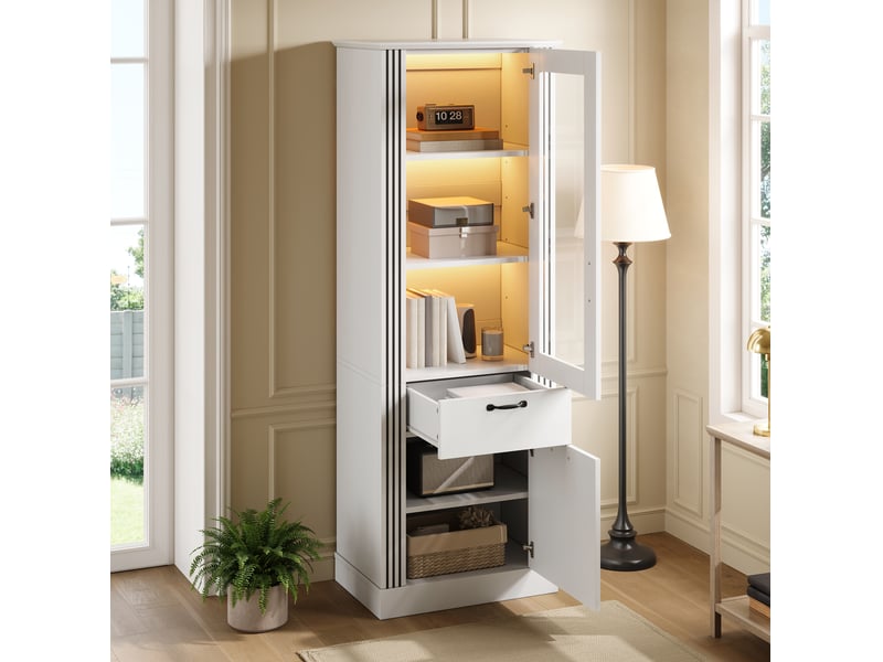 Buffet 62x41x180,5 cm avec led contrôlé par application, porte miroir, tiroir, panneau de particules, coloris blanc - Conforama E