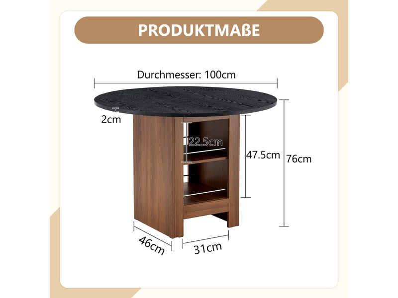  Table ronde 100 cm avec rangement – placage noyer, piètement métal, 2-4 pers, idéal cuisinepetit espace  - Conforama C