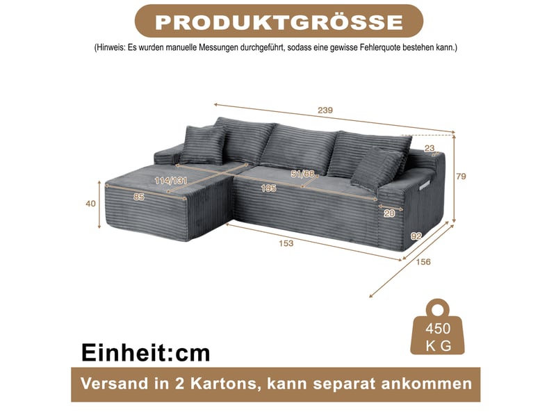  Canapé d’angle modulable 4 places en velours côtelé gris, 239x156x79 cm  - Conforama C