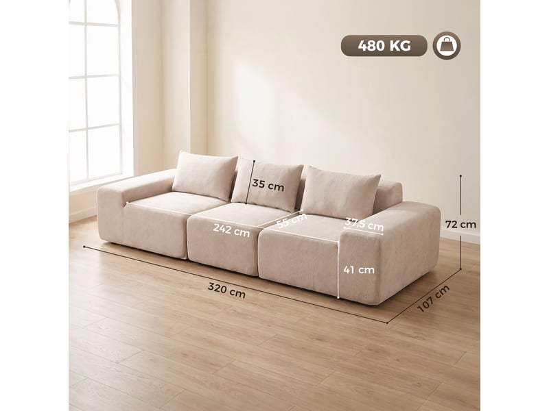  Canapé design arrondi 3 places 3 coussins larges accoudoirs tissu chenille beige  - Conforama C
