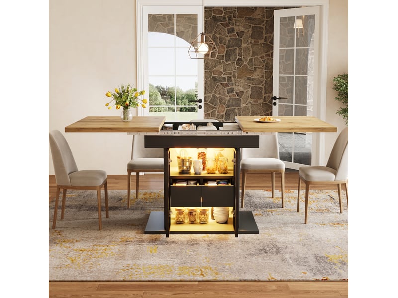  Table à manger extensible, 110x80x77,9 cm, avec espace de rangement, repas, plateau mdf, piètement métal, coloris noir  - Conforama E