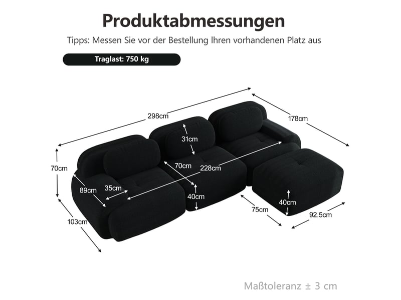  Canapé d'angle modenvie modulable 3 places sans cadre en velours côtelé noir 298 x 178 cm  - Conforama C