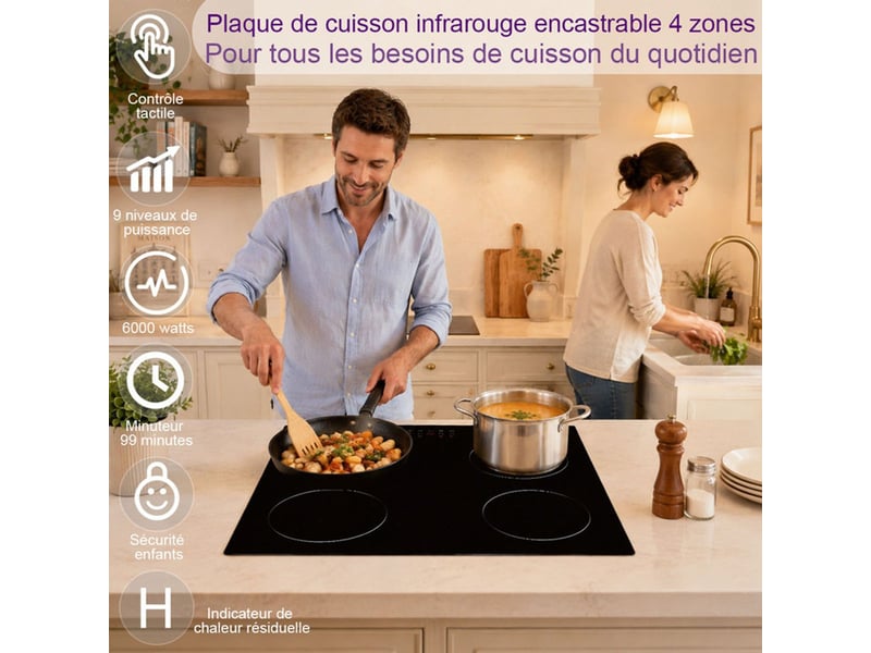  Table de cuisson vitrocéramique encastrable 4 zones 6000w 9 niveaux minuterie 99 min verrouillage sécurité  - Conforama B