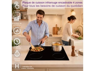 Table de cuisson vitrocéramique encastrable 4 zones 6000w 9 niveaux minuterie 99 min verrouillage sécurité