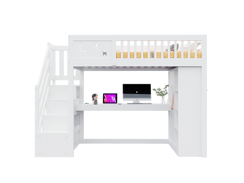  Lit mezzanine enfant 90x200 cm avec bureau intégré, led, prises, étagères ouvertes, penderie, escalier de rangement, garde-corps, pin et mdf blanc  - Conforama A
