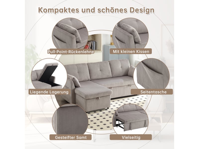  Canapé d'angle convertible réversible en velours côtelé gris clair 206x108x66 cm avec rangement, pour salon 206x108x66cm - Conforama D