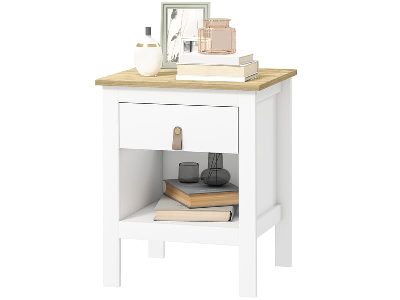  Table de chevet avec 1 tiroir, compartiment ouvert, poignée en pu, table d'appoint pour salon ou chambre, 45 x 40 x 55 cm, blanche  - Conforama B