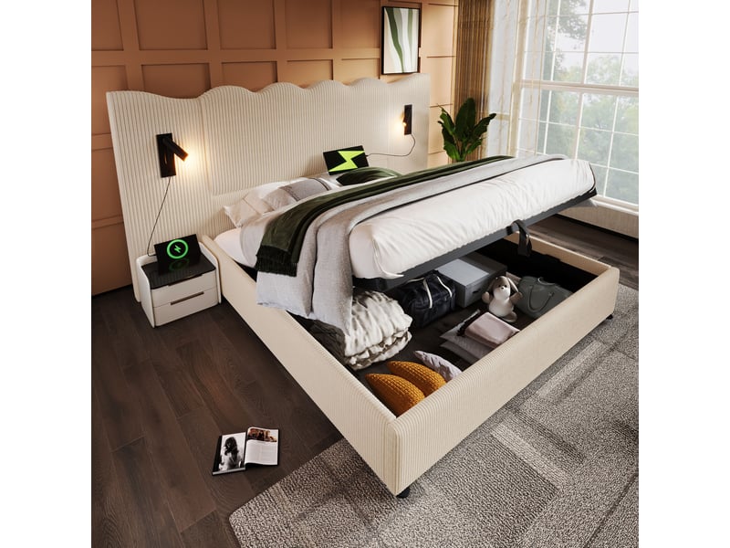  Lit coffre 180 × 200 cm en velours côtelé beige et blanc, liseuse orientable 360°, usb-c et sommier à lattes Fay Lum - Conforama B