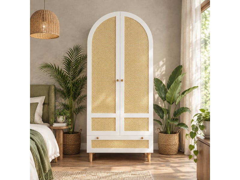  Armoire de rangement modenvie 80 x 50 x 180 cm blanche en mdf aspect rotin avec penderie et tiroir  - Conforama B