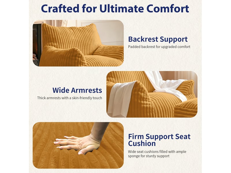  Fauteuil pouf lounge incurvé avec pouf, soutien ergonomique 5 zones en flanelle jaune, 103 × 90 × 70 cm  - Conforama E