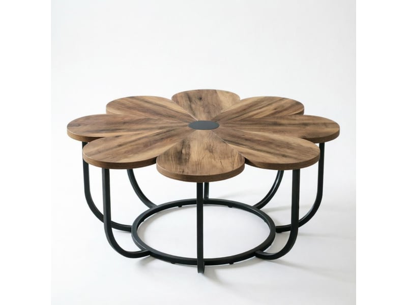 Table basse ronde,100x100x50 cm,motif floral,métal et bois,noir et marron  - Conforama A