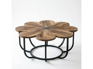 Table basse ronde,100x100x50 cm,motif floral,métal et bois,noir et marron