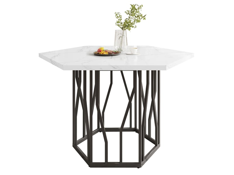  Table hexagonale moderne 115,5x100x75cm, support en forme de branche, motif marbre (non en marbre), mdf, blanc et noir  - Conforama A