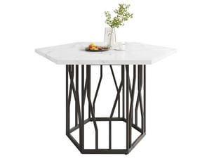 Table hexagonale moderne 115,5x100x75cm, support en forme de branche, motif marbre (non en marbre), mdf, blanc et noir