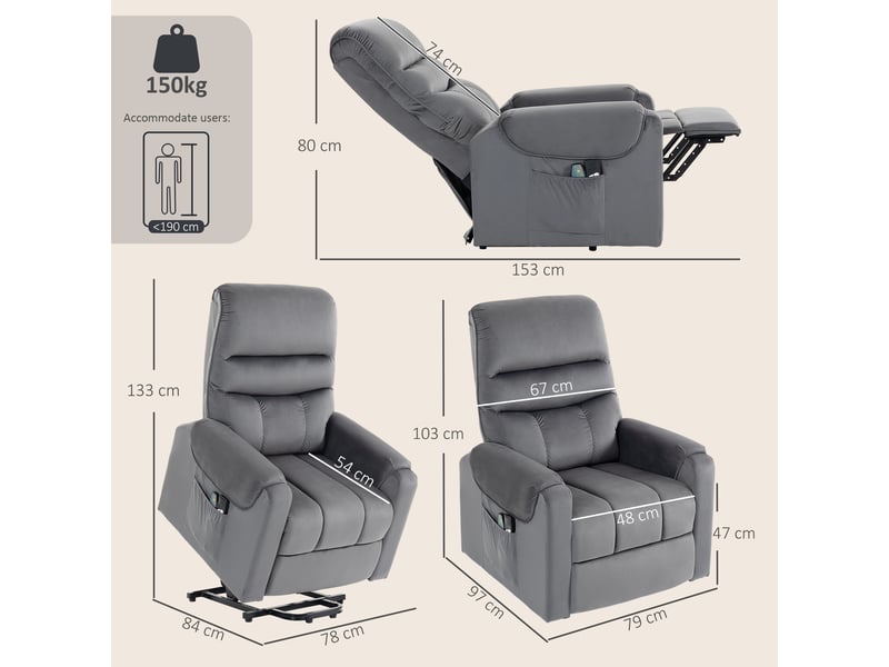  Fauteuil releveur électrique massant chauffant en velours gris foncé 79x97x103 cm  - Conforama C