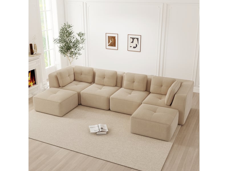  Canapé panoramique modulable 4 places velours côtelé beige – 386 x 177 x 69 cm Fay Lum - Conforama W