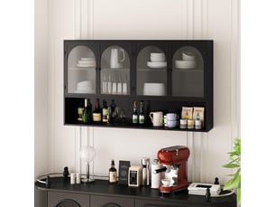 Buffet de cuisine - 120x23x70cm - meuble haut, armoire murale 4 portes en verre gris & étagère, style industriel - noir