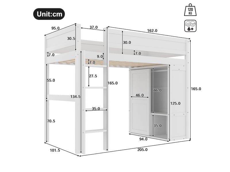  Lit mezzanine enfant 90x200 cm avec armoire et rangement blanc  - Conforama C