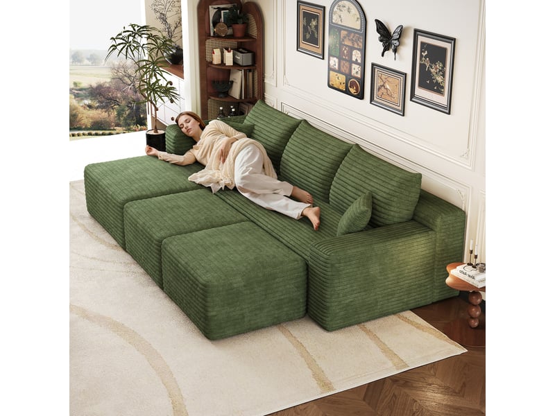 Canapé d'angle modulaire 3 places avec 2 poufs 241 x 151 x 58 cm, assise profonde, design nuage, livré monté, velours côtelé, vert Bliss Lite - Conforama E