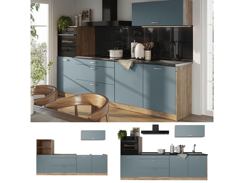 Vicco cuisine, bleu-grischêne doré, 280cm plan de travail chêne doré - Conforama D