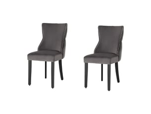 Lot de 2 chaises regina gris anthracite en velours – dos capitonné, tête de lion argentée et pieds noirs