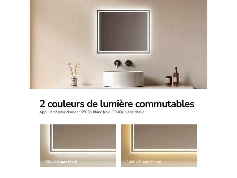 Emke miroir lumineux salle de bain 60x50cm,miroir led avec interrupteur à bouton,anti-buée,éclairage lumière blanche froidechaude - Conforama D