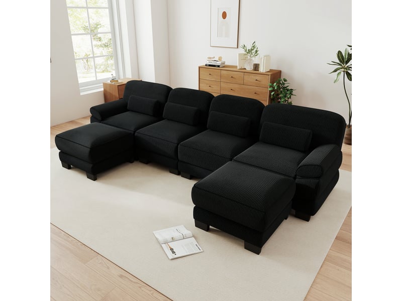  Canapé modulable en u - 4 places - 2 ottomans - velours côtelé - mobilier de salon - grand confort - assise confortable - noir CozyNest - Conforama B