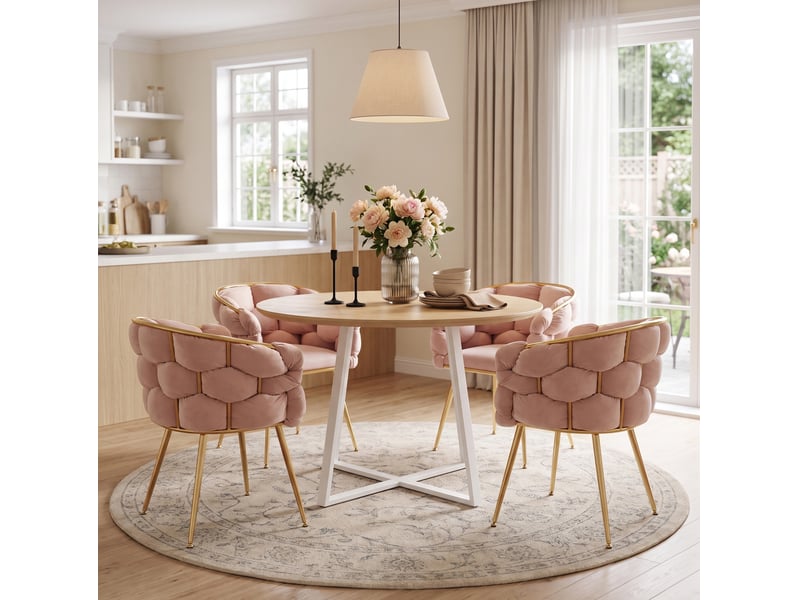  Fauteuil de chambre avec accoudoirs, dossier mi-haut et assise rembourrée, pieds dorés en velours rose  - Conforama C