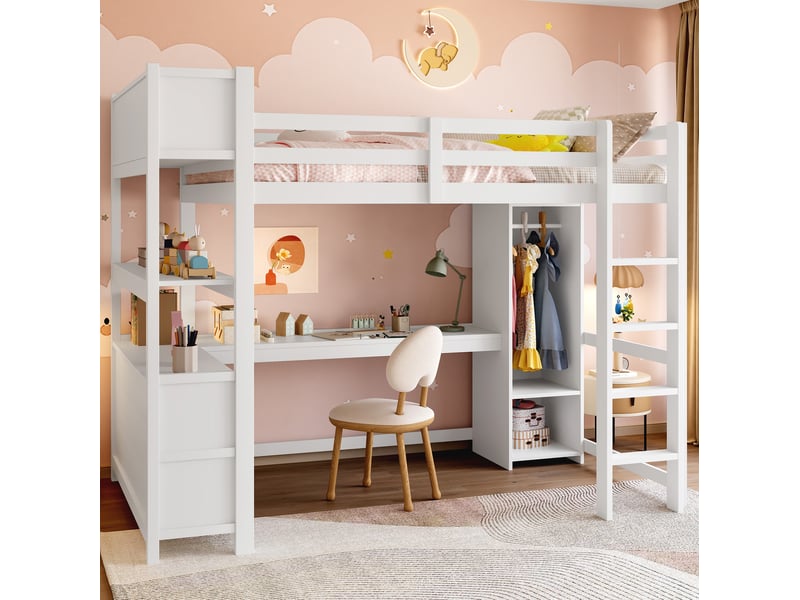  Lit en hauteur, 140x200 cm, lit en hauteur, avec bureau, rangements, matelas non inclus, bois et mdf, coloris blanc  - Conforama D