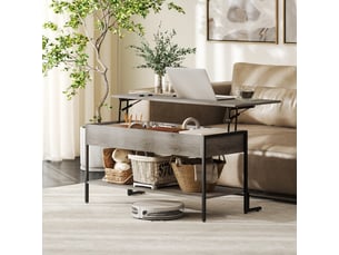 Table basse avec plateau relevable, table de salon avec compartiment caché et étagère ouverte, gris, 95x40x59cm