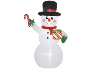 Bonhomme de neige de 1,80 m avec canne de noël et cadeau, autogonflant, led, résistant aux intempéries