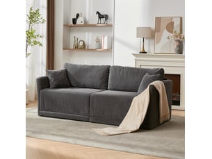Canapé convertible 2 places avec fonction couchage et coussins, en velours côtelé gris, 202 × 84 × 62 cm