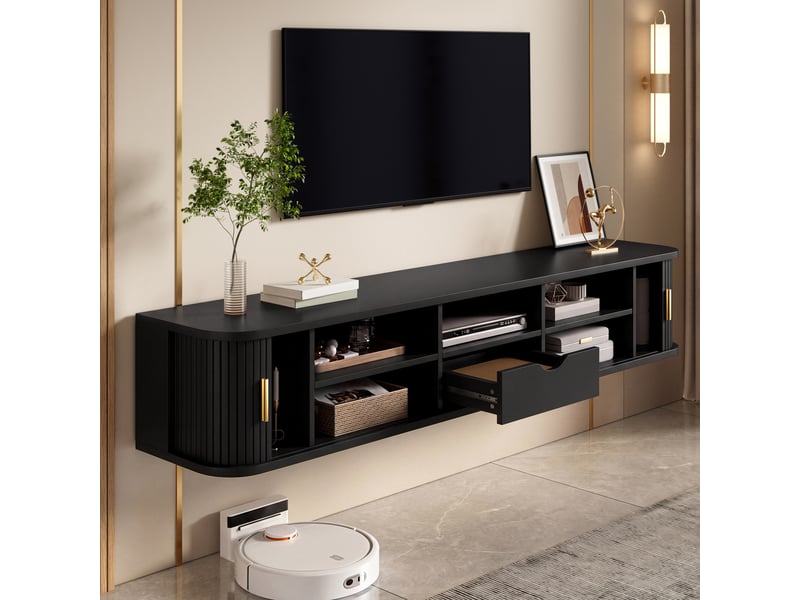 Meuble tv suspendu led 175 cm noir avec portes coulissantes rainurées et tiroir IKSETERA TRADING LTD - Conforama D