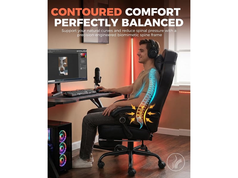  Gtplayer chaise de jeu avec repose-pieds, 180kg, soutien lombaire, appui-tête réglable, inclinable à 155° - noir F59-BLK-TJ - Conforama C
