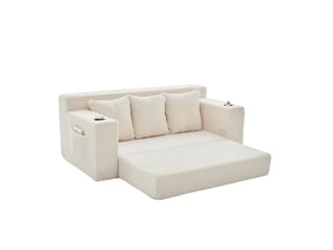 Canapé modulaire 3 places avec porte-gobelets et poches latérales, sans cadre en velours côtelé beige