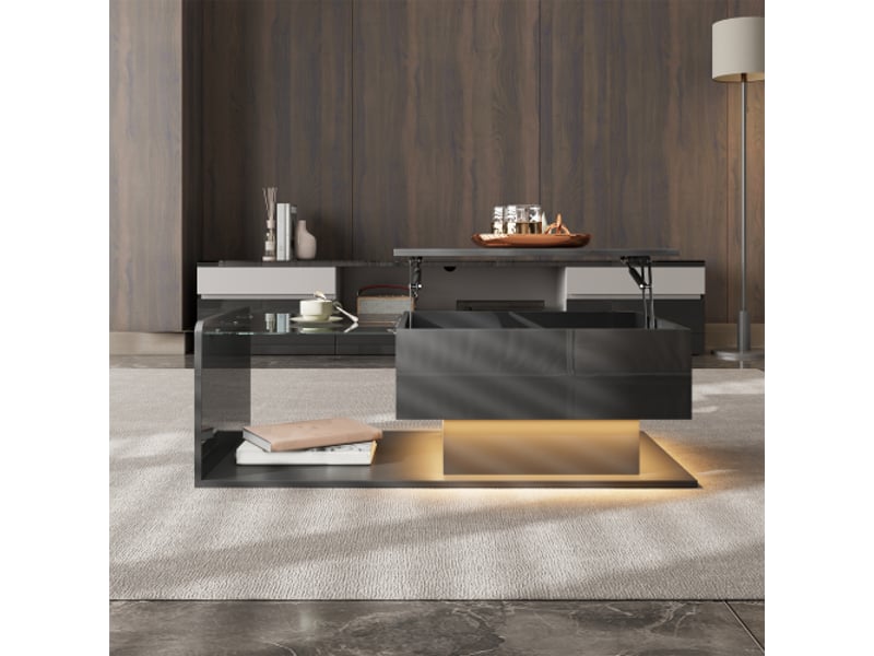  Table basse noire ultra-brillante – plateau en verre, éclairage led – table d’appoint design moderne  - Conforama D