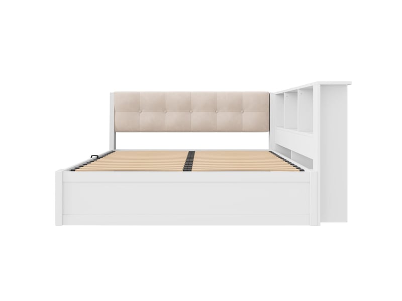  Lit superposé 140 x 200 cm rangement hydraulique éclairage led réglable étagère pratique port usb bois de pin finition blanche  - Conforama D
