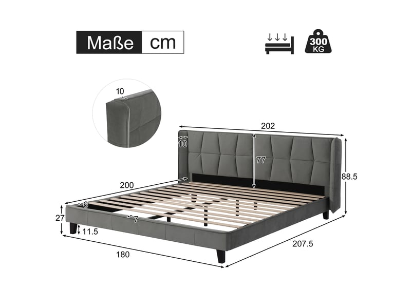  Lit double 180×200 cm structure stable, tête de lit rembourrée  - sans matelas velours gris  - Conforama D