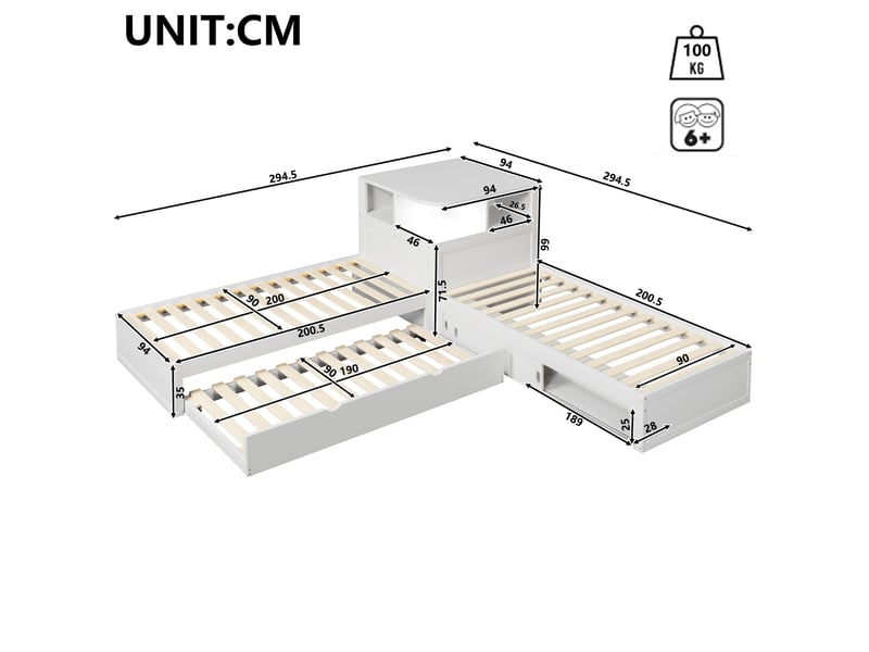  Lit gigogne 90 × 200 cm 1 place avec rangement à portes coulissantes et éclairage led, sans matelas, blanc  - Conforama D