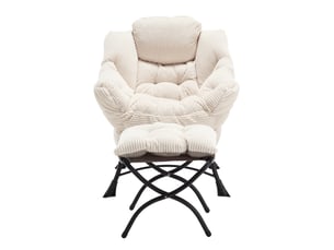 Fauteuil lounge blanc avec repose-pieds, accoudoirs et poche latérale, idéal petit espace