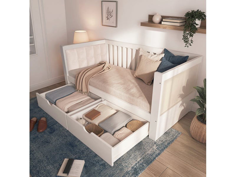  Modenvie lit banquette 90x200 cm - avec 2 tiroirs de rangement, dossier rembourré, sans matelas - blanc  - Conforama D