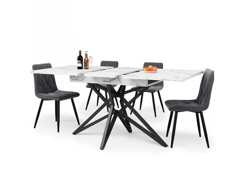  Ensemble de table à manger extensible avec 4 chaises, plateau effet marbre blanc, pieds métal noirs, style moderne  - Conforama A