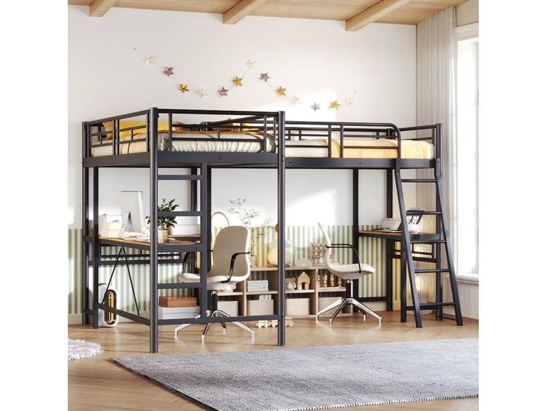  Lit mezzanine double 90x200 cm avec bureau et échelles noir  - Conforama B