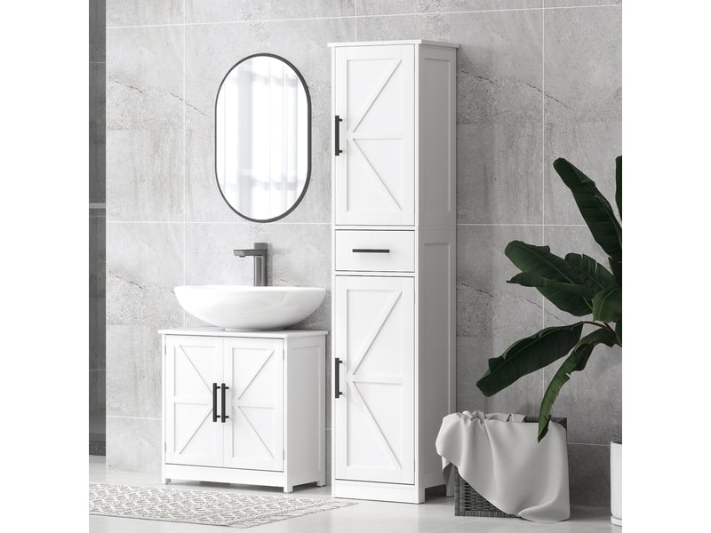  Meuble de salle de bain haut et étroit, style rustique, 40 x 30 x 170 cm, blanc, avec 2 portes, 1 tiroir et 2 étagères réglables  - Conforama D