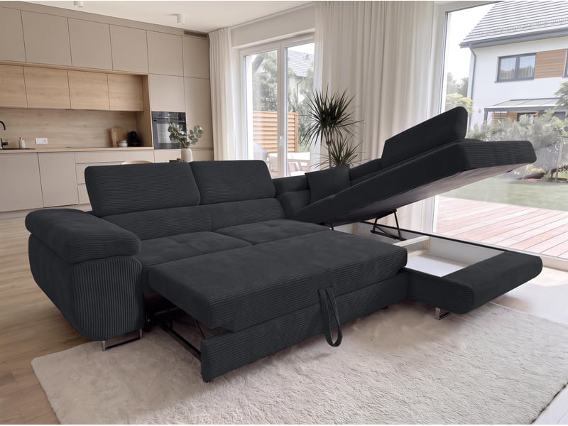  Canapé convertible 276 cm avec coffre et têtières – noir Konak - Conforama C