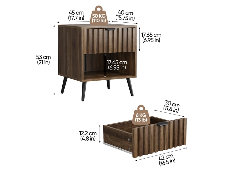  Table de chevet avec tiroir et niche ouverte, pieds en métal noir, pour chambre et salon, mdf noyer, 45 × 40 × 53 cm  - Conforama E