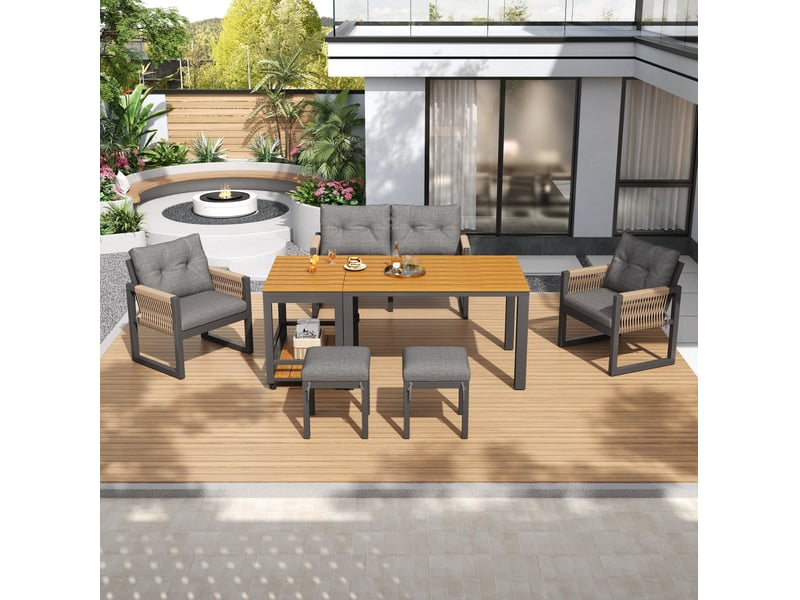 Salon de jardin 6 pièces gris, table amovible et coussins épais, idéal pour terrasse, balcon et espace extérieur - Conforama E