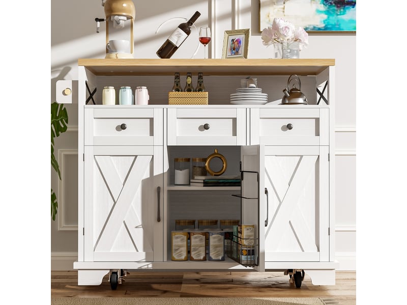 Desserte de cuisine avec 3 tiroirs, plateau rabattable, porte-serviettes et roulettes verrouillables, 118×43×98 cm - Conforama C